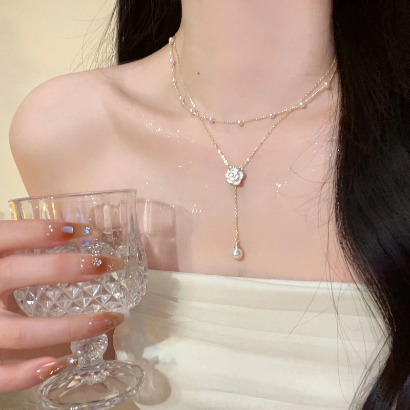 Layered Pendant Necklace Aesthetic - Y2K Dubbellaags Camellia Bloemhanger Ketting Parelketting